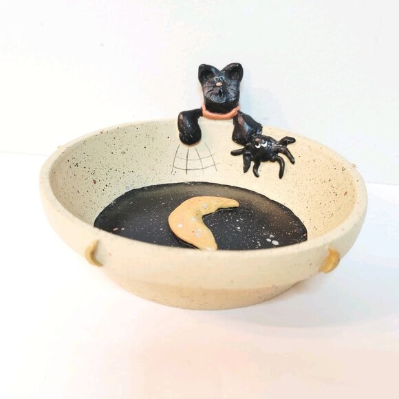 Vtg Art Pottery Halloween Black Cat Spider Moon Crest Trinket Candy Dish Decor - Picture 2 of 6